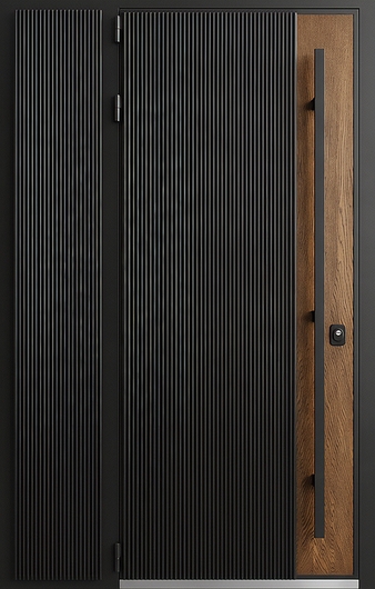 Нестандартная входная термодверь с боковой вставкой, бугельной ручкой, черными панелями МДФ со вставкой шпона