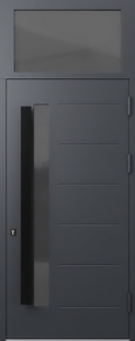 Стальная непромерзающая термодверь с остекленной фрамугой, бугельными ручками и серыми панелями МДФ